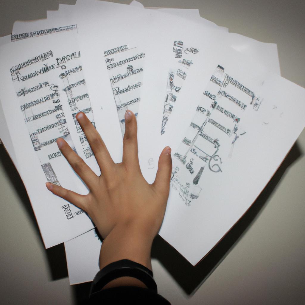 Person holding music notes, analyzing