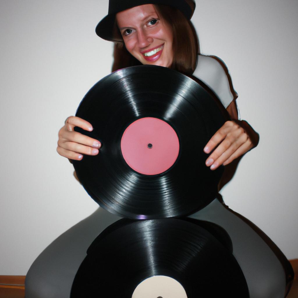 Person holding vinyl records, smiling