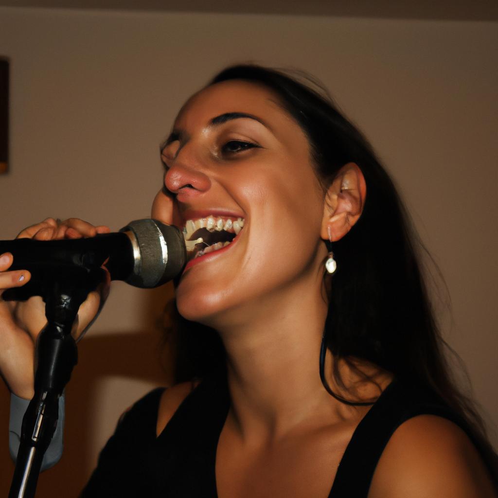 Woman singing with microphone passionately