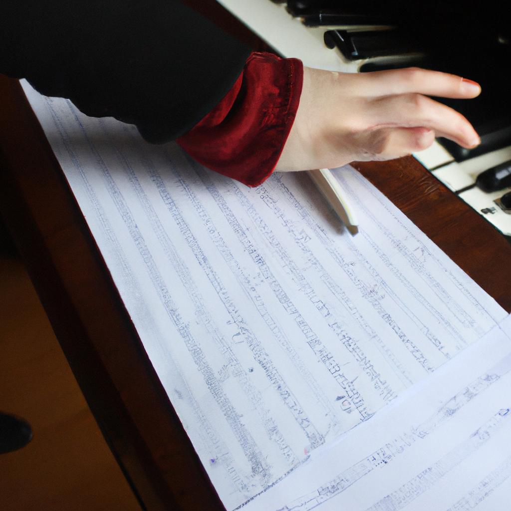 Person playing piano, writing notes